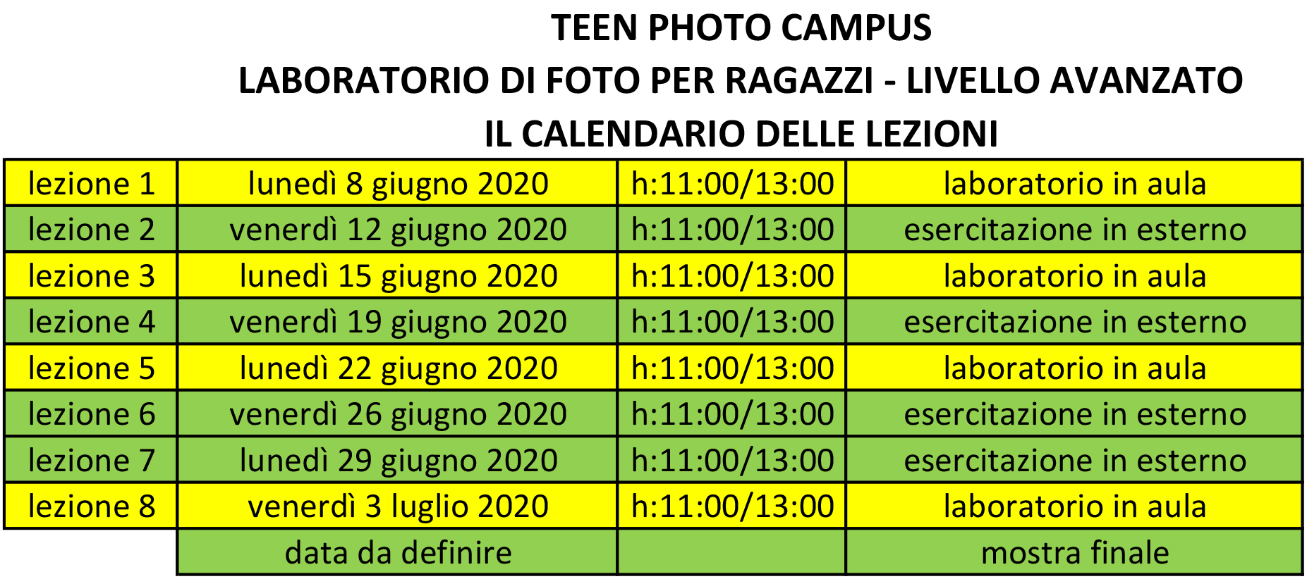 Teen Photo Campus - il calendario con le lezioni