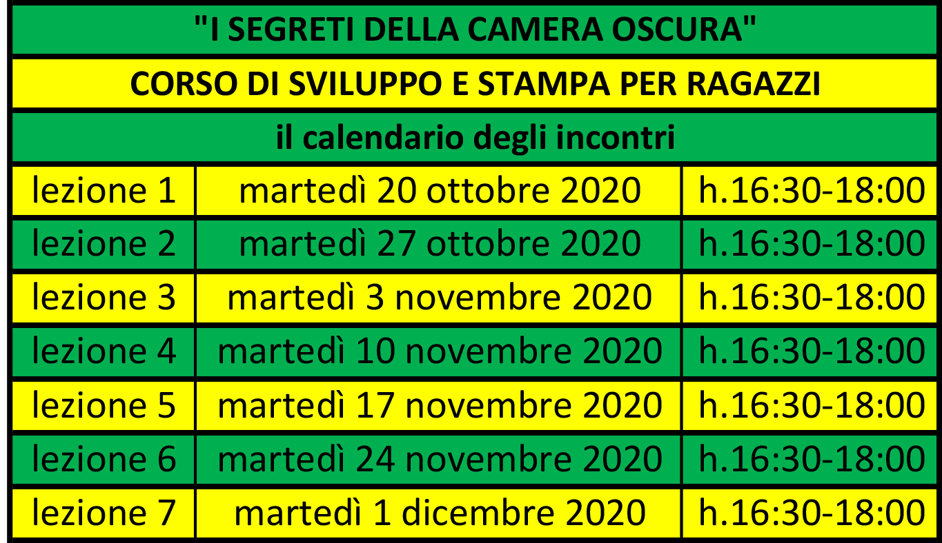 calendario incontri corso camera oscura per ragazzi